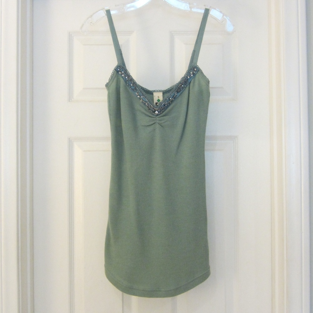 Free People Blue Tank Top w/ Beaded V-Neck